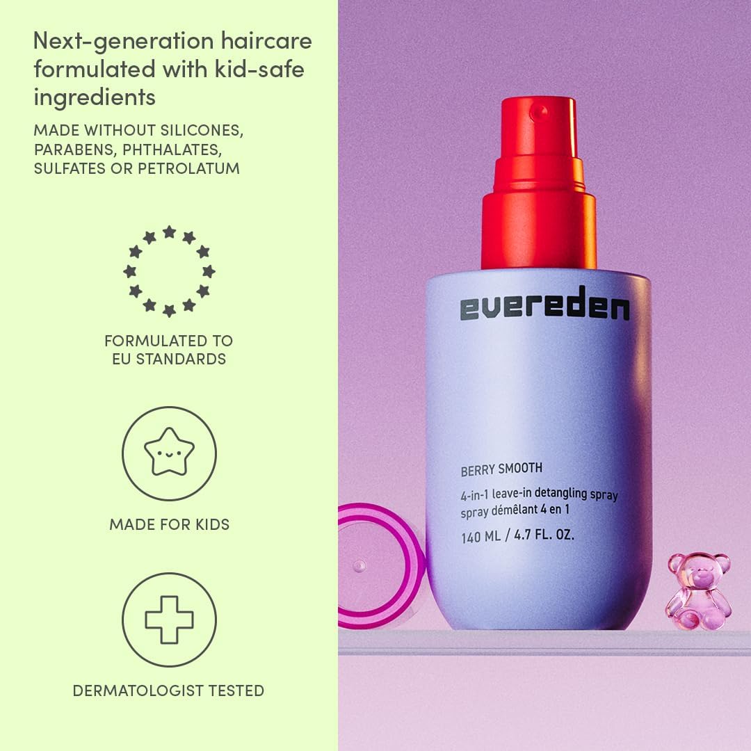 HotEvereden Kids 4-in-1 Detangler Spray, Silicone-Free, EWG Verified, Vegan | Developed with Harvard & Stanford Dermatologists, 4-in-1 Leave-In Conditioner for Girls, Straight, Curly Hair, Wet or Dry Use