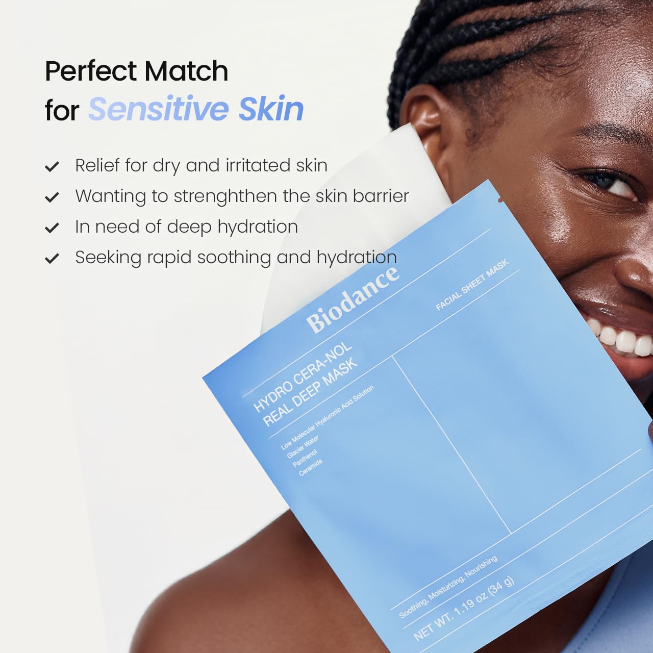 HotBIODANCE Hydro Cera-nol Real Deep Mask, Hydrating Overnight Hydrogel Face Mask, Moisturizing, Redness Reducing, Quick Soothing, After Sun Care, Sunburn Relief, Korean Skin Care |1.19oz(34g) x4ea