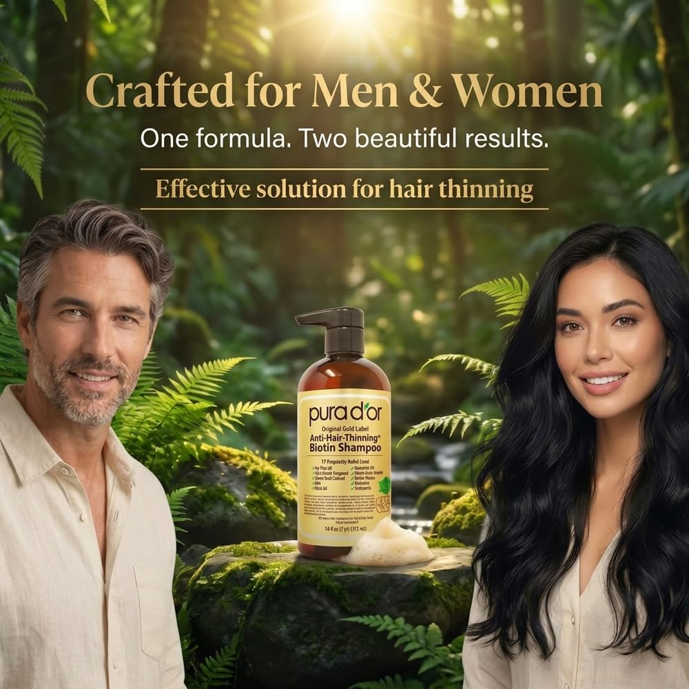 HotPURA D'OR Original Gold Label Anti-Thinning Shampoo - CLINICALLY TESTED - Biotin & Argan Oil – Sulfate-Free Strengthening & Volumizing for Fuller-Looking Hair, Men & Women, Natural Earthy Scent 16 oz