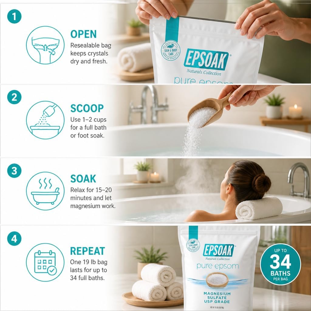 HotEpsoak Epsom Salt 19 lb. Magnesium Sulfate USP. Resealable Epsom Salt Bag Unscented, Made in The USA, Cruelty-Free Certified