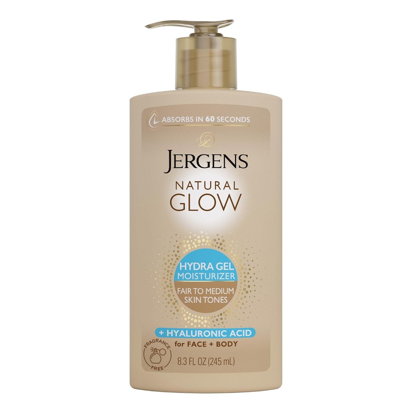 HotJergens Natural Glow Hydra Gel Self Tanner, Fair to Medium, 8.3 fl oz | Gradual Self Tanning Gel, Hyaluronic Acid, Hydrating, Fragrance-Free, Fair to Medium Skin, Buildable Glow