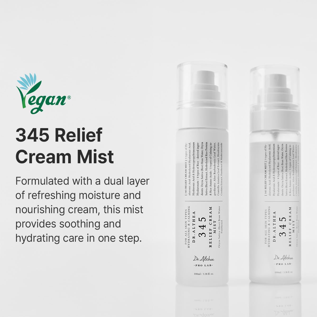 HotDr.Althea 345 Relief Cream Mist, Korean Vegan Skin Care, 3.38 Fl Oz | Insant Hydration, Calming Skin Irritation with Hyaluronic Acid, Panthenol, Centella Asiatica Leaf Water, Madecassoside