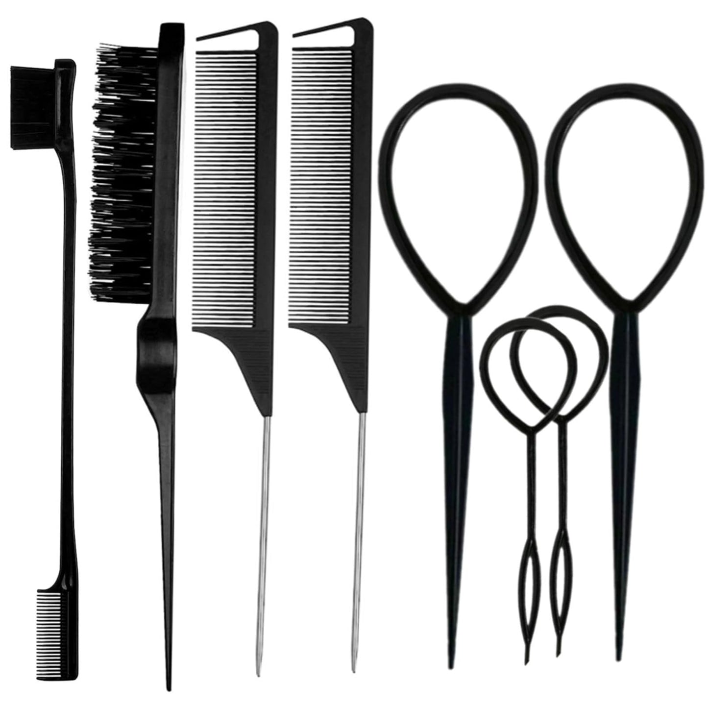 HotZVOREI 8Pcs Hair Brushes Set with 4Pcs Topsy Hair Tail Tools 1Pcs Bristle Teasing Hair Brush 1Pcs Edge Control Brush 2Pcs Metal Pin Rat Tail Combs for Woman Girl Hair Styling,Edge&Back Brushing,Pink