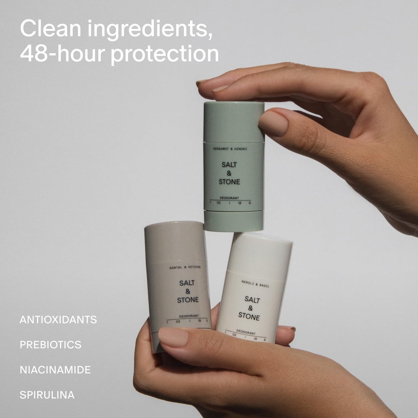 HotSalt & Stone Aluminum-Free Deodorant Women & Men Travel Size Set 2.6 oz (4) | Extra Strength 48 Hour Protection, Gender Neutral Scent, Made with Niacinamide, Spirulina, Magnesium & Antioxidants