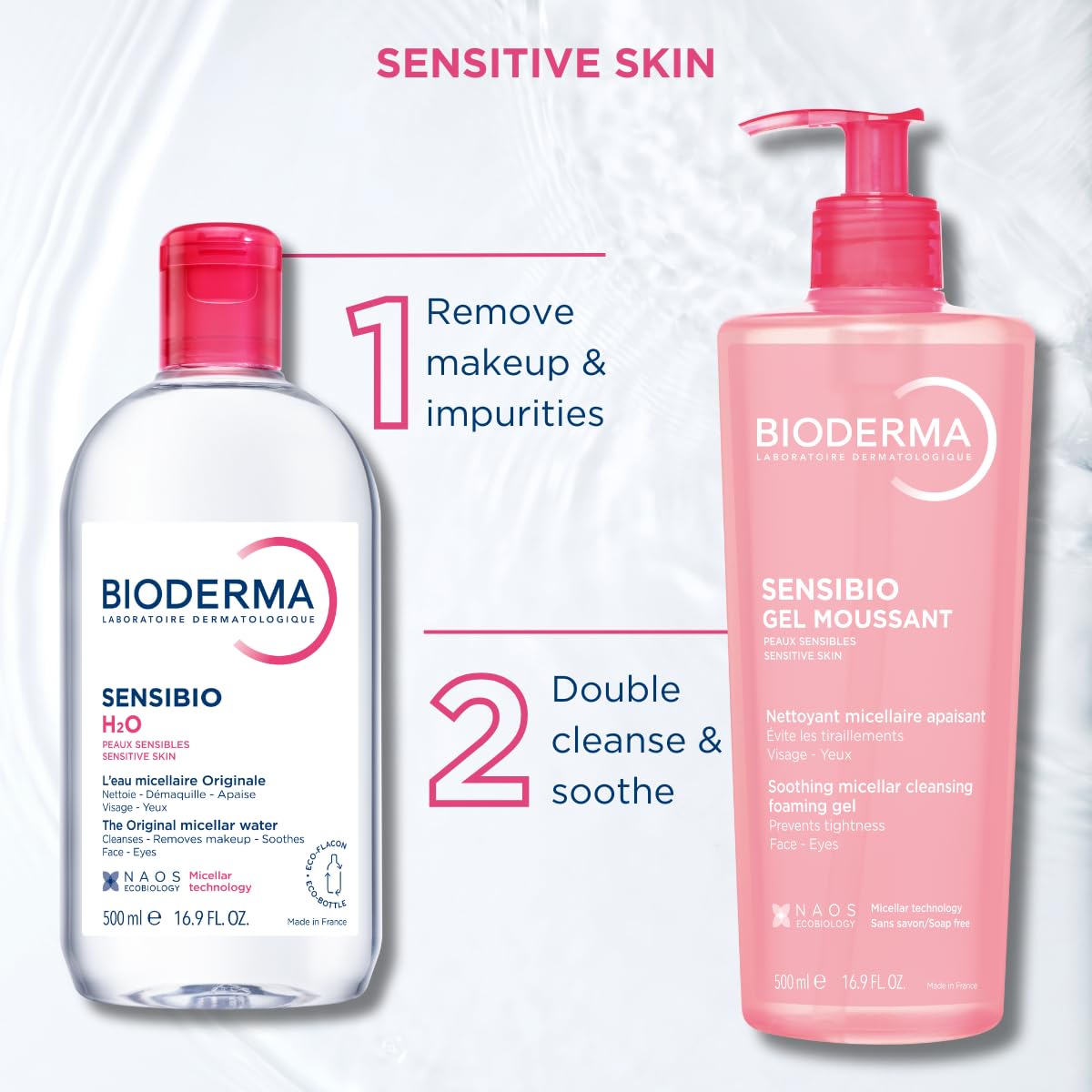 HotBioderma - Sensibio - H2O Micellar Water - Makeup Remover Cleanser - Face Cleanser for Sensitive Skin