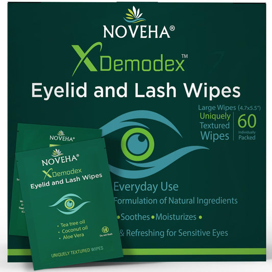HotNOVEHA Demodex Eyelid & Lash Wipes | Box Of 60 Individually Wrapped Extra Strength Cleansing Eyelash Wipes - Battle Itchy & Irritated Eyes associated with Demodex Mites, Naturally Remove debris