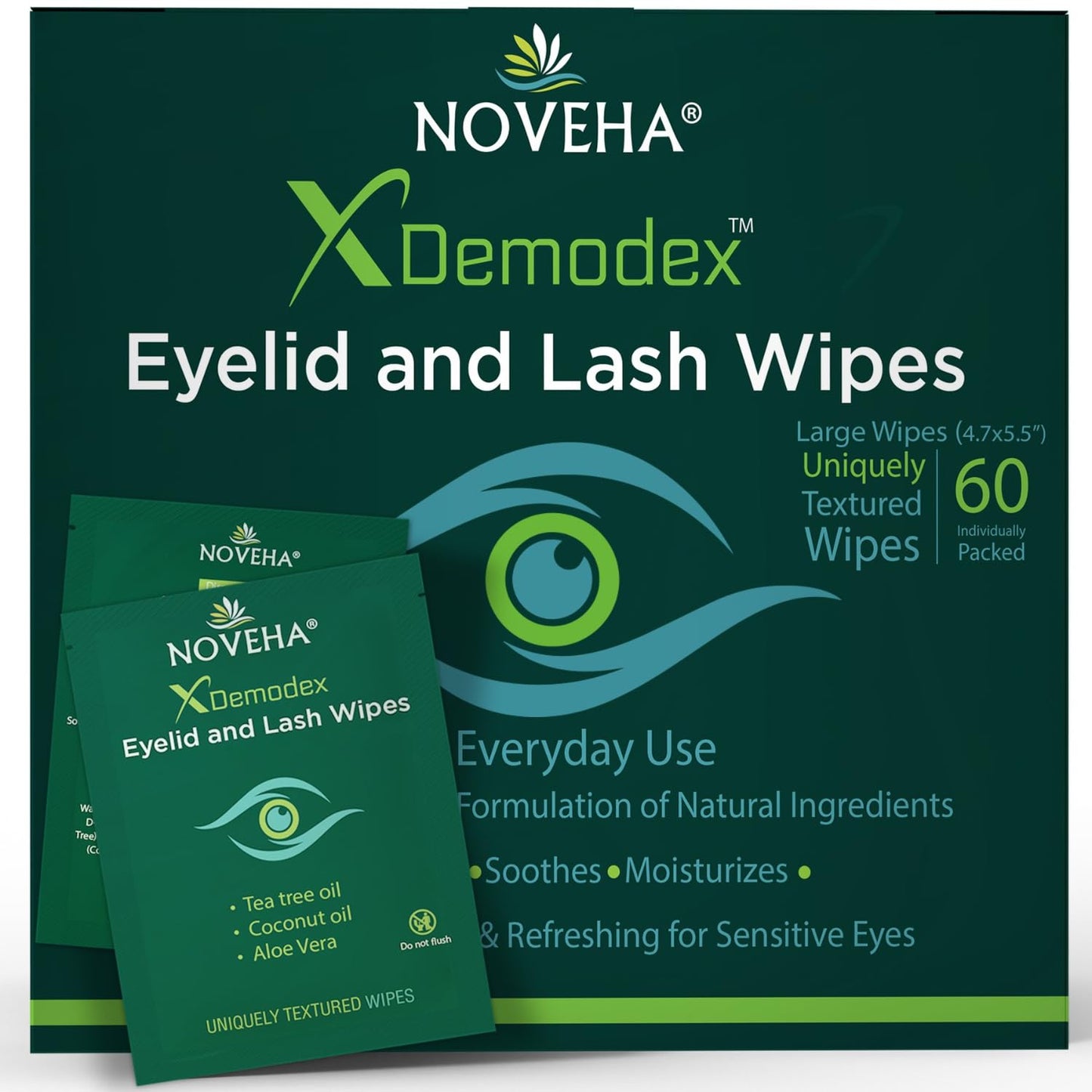 HotNOVEHA Demodex Eyelid & Lash Wipes | Box Of 60 Individually Wrapped Extra Strength Cleansing Eyelash Wipes - Battle Itchy & Irritated Eyes associated with Demodex Mites, Naturally Remove debris
