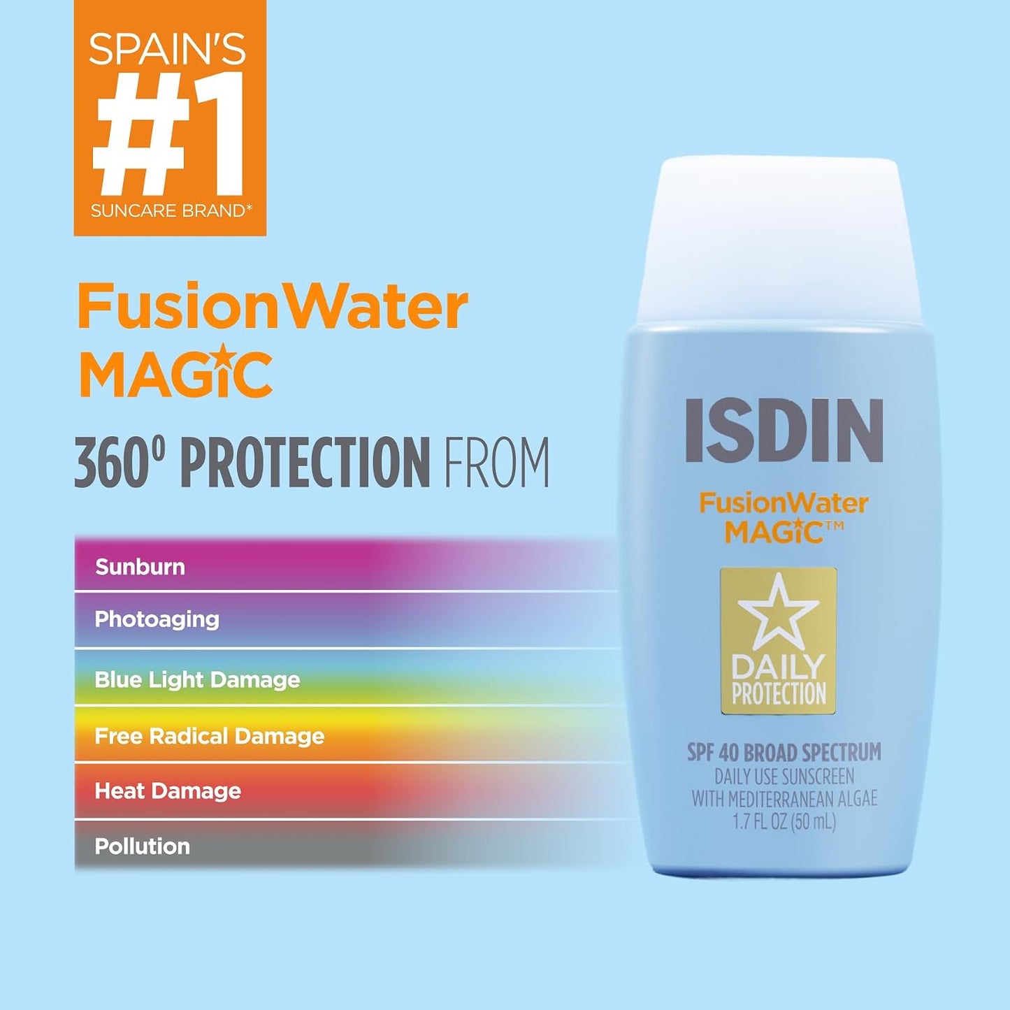 HotISDIN Fusion Water MAGIC SPF 40, Lightweight Sunscreen For Face with Hyaluronic Acid and Vitamin E, Ideal for Daily Use, Dermatologist Recommended, Fast Absorbing and Non-Comedogenic