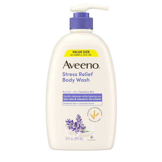 HotAveeno Stress Relief Body Wash, Lavender Scent with Nourishing Prebiotic Oat, Sensitive Skin Body Wash for Normal to Dry Skin, Paraben-, Dye-, and Soap-Free, Value Size 33 Fl Oz