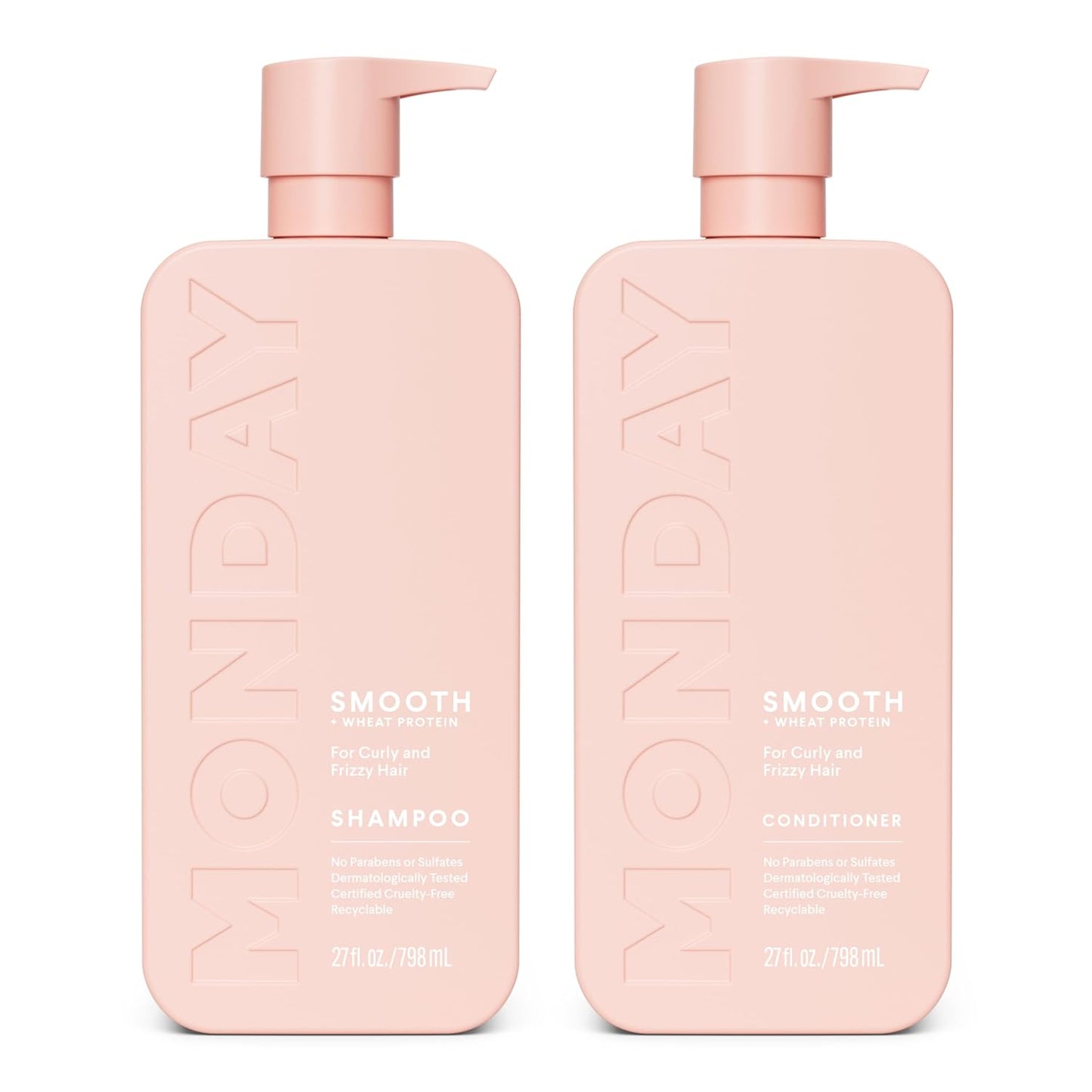 HotMONDAY HAIRCARE Smooth Shampoo + Conditioner Bathroom Set (2 Count) 27 oz Each For Frizzy, Coarse & Curly Hair Made with Coconut Oil, Shea Butter & Vitamin E 100% Recyclable Bottle Pink