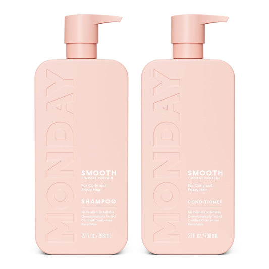 HotMONDAY HAIRCARE Smooth Shampoo + Conditioner Bathroom Set (2 Count) 27 oz Each For Frizzy, Coarse & Curly Hair Made with Coconut Oil, Shea Butter & Vitamin E 100% Recyclable Bottle Pink