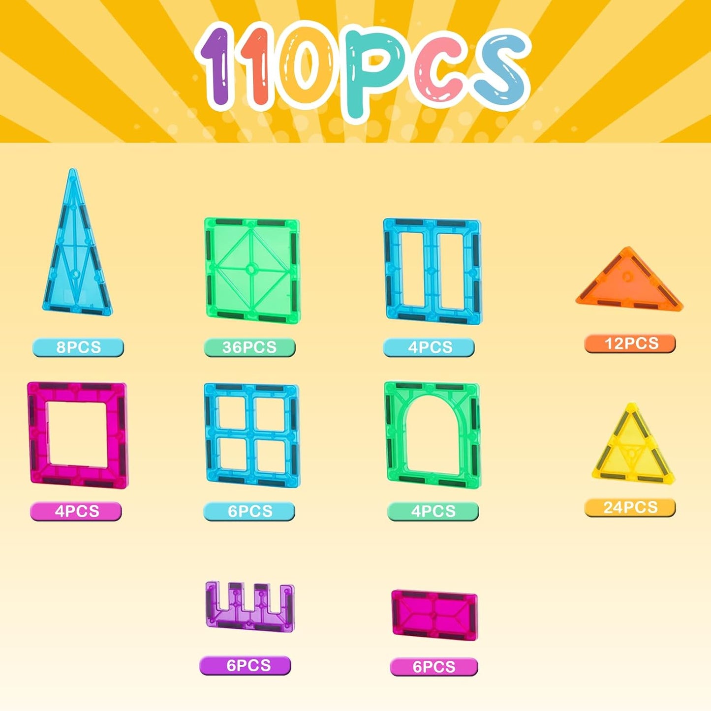 HotFNJO Magnetic Tiles, 110PCS Magnet Building Set, Magnetic Building Blocks, Construction STEM Learning and Playing Toys for Kids, Montessori Toy for Preschool Boys Girls