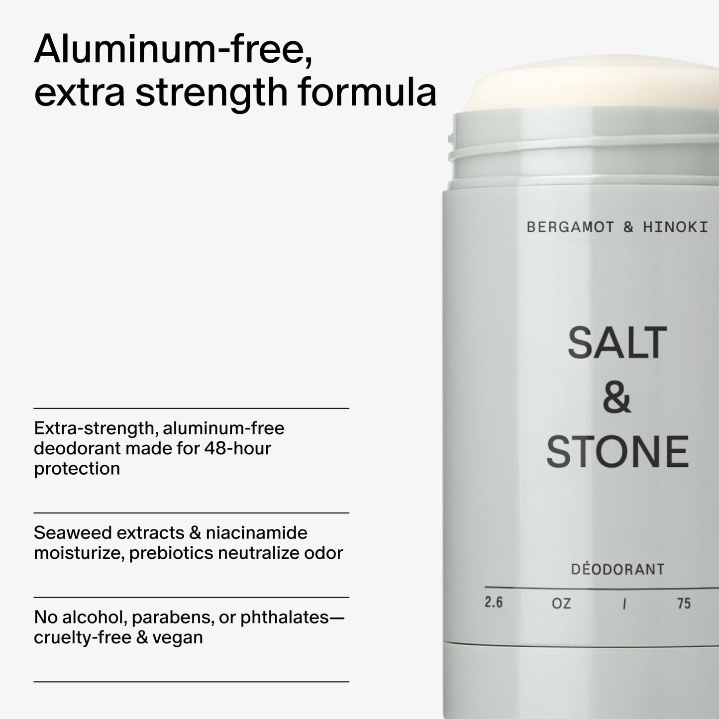 HotSalt & Stone Aluminum-Free Deodorant, Women & Men Bergamot & Hinoki 2.6 oz | Extra Strength 48 Hour Protection, Gender Neutral Scent, Made with Niacinamide, Spirulina, Magnesium & Antioxidants