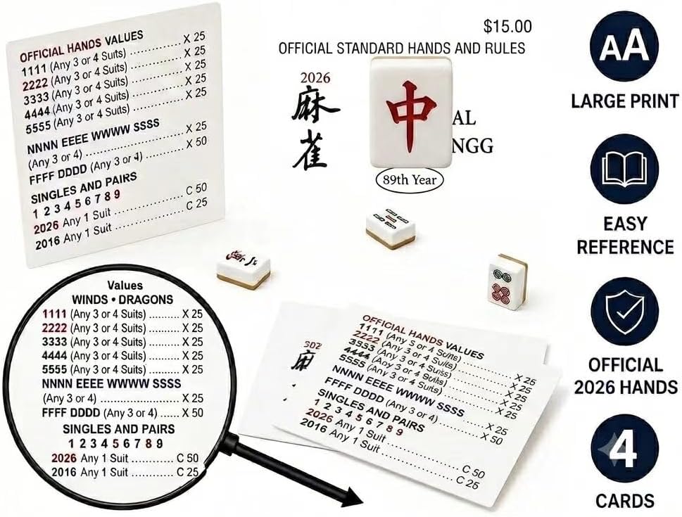 Hot2026 Mahjong Cards Official, 4 Pack American Mahjong Cards | Large Print Easy-to-Read Reference Cards for NMJL Players, Mahjong Clubs, Game Groups and Tournaments A01