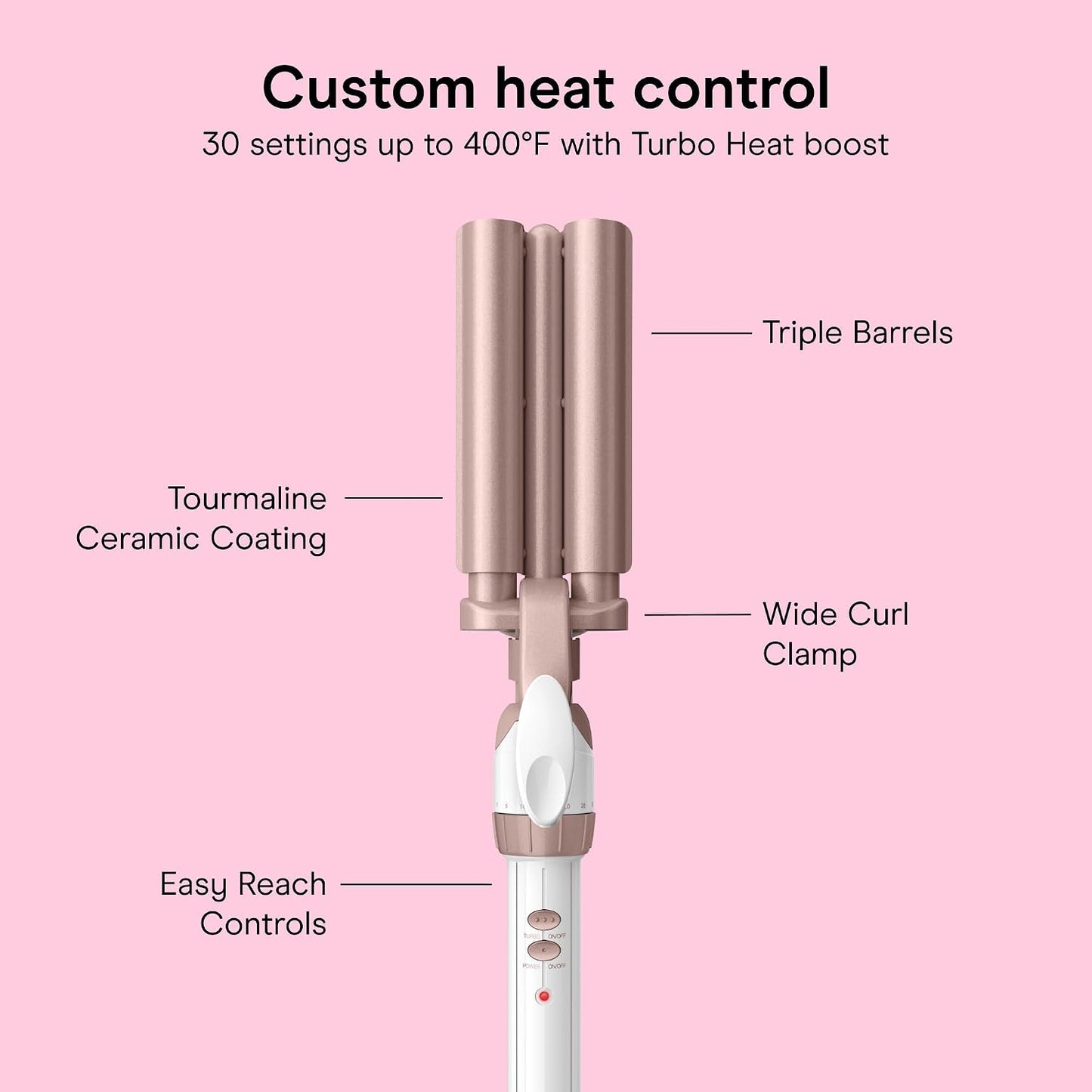 HotConair Curling Iron & Waver Hair Tool, Triple Barrel, White/Rose Gold | Double Ceramic Conair curling iron with 5/8" outer barrels, a 1/2" inner barrel, 30 heat settings, and auto-off function