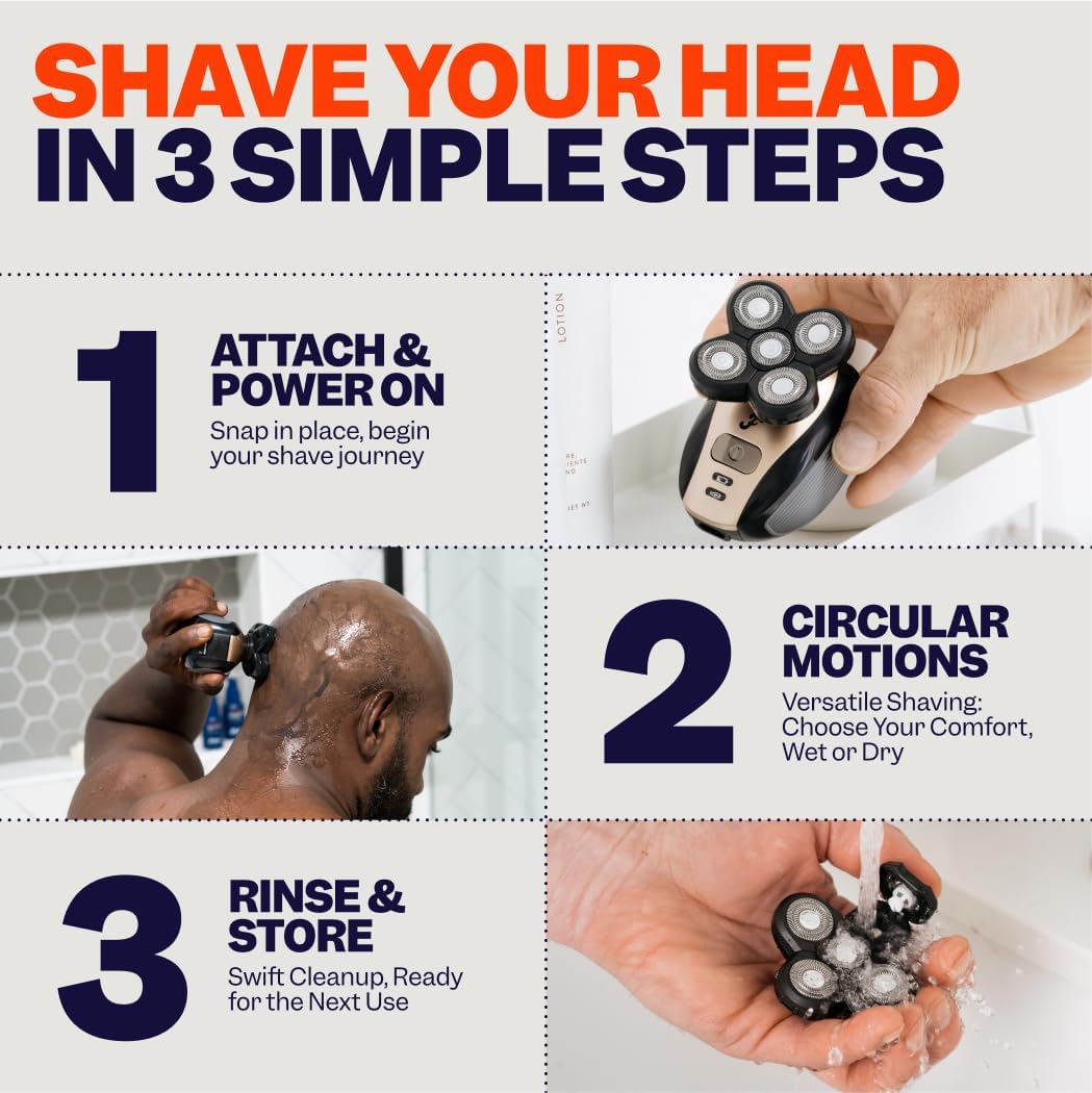 HotFreebird FlexSeries Electric Head & Body Hair Shaver - Mens Cordless Rechargeable Wet/Dry Skull Bald Head Back & Groin Waterproof Razor with Rotary Blades, Clippers, Nose Trimmer, Brush, Massager