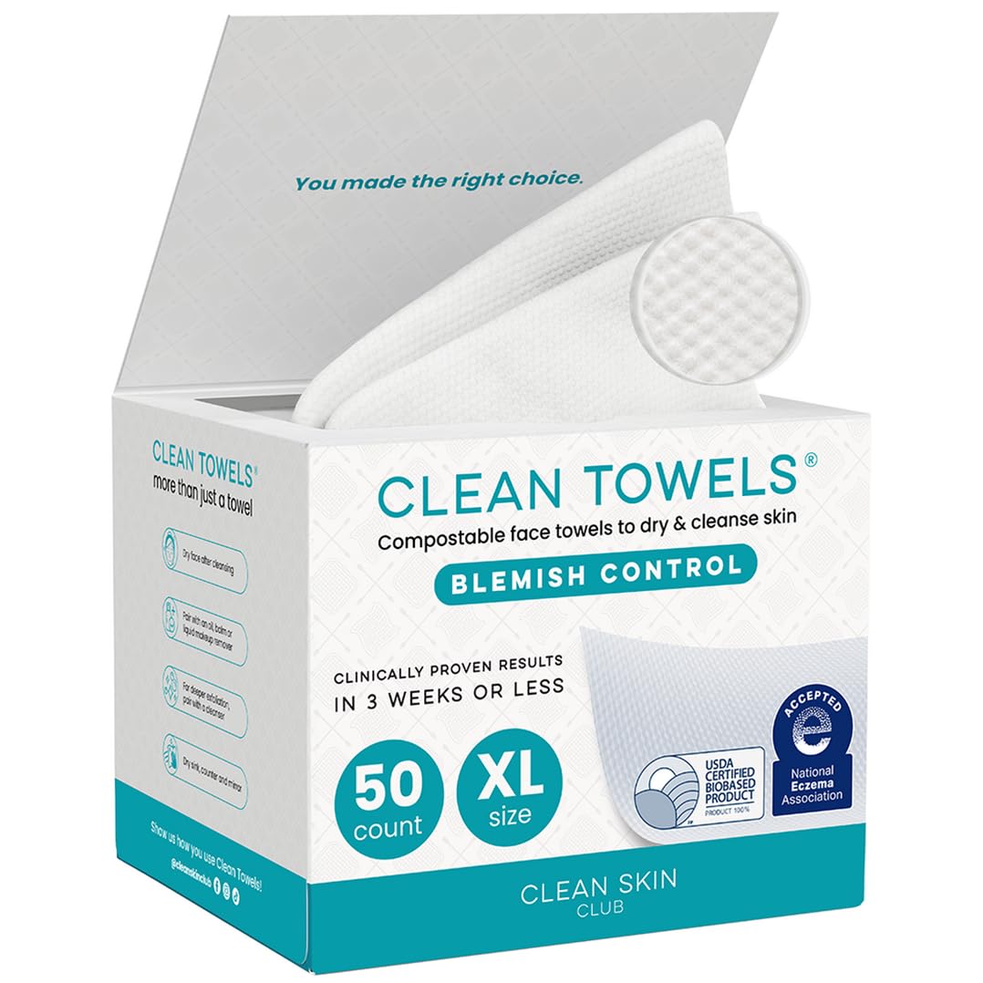 HotCLEAN SKIN CLUB Blemish Control Clean Towels® XL, Extra Exfoliation for Oily Skin, Disposable, Single-Use Face Towelette Dry Wipe - 1 Pack (50 Count)