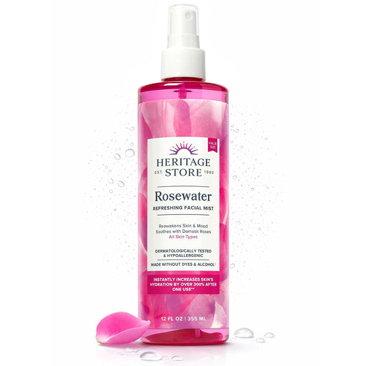 HotHERITAGE STORE Rosewater - Refreshing Face Mist with Damask Rose, All Skin Types - Hydrating Rose Water Spray for Glowing Skin Care - No Dyes or Alcohol, Hypoallergenic, Vegan, 60-Day Guarantee, 12oz