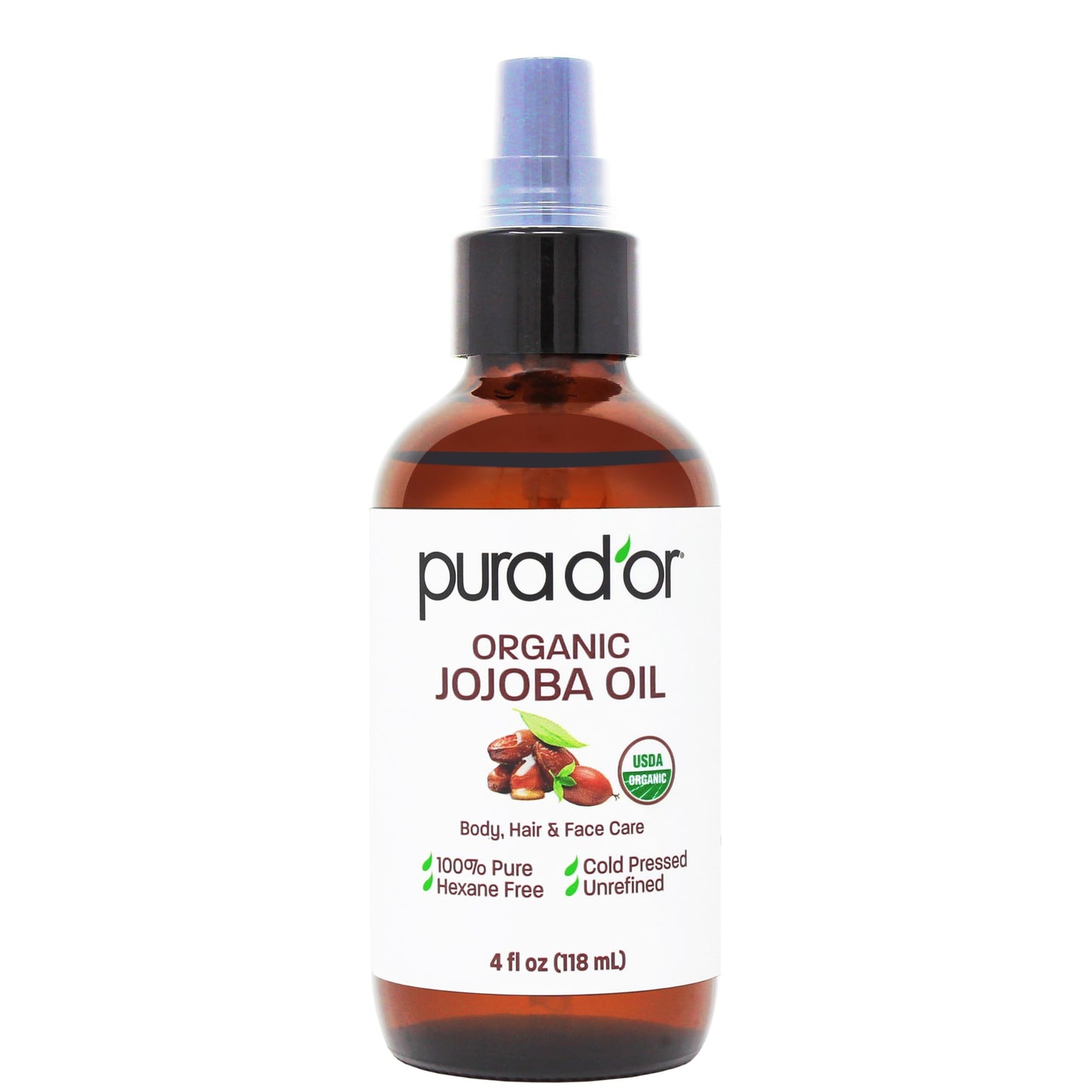 HotPURA D'OR ORGANIC Rosehip Seed Oil 100% Pure Cold Pressed USDA Certified For Hair, Skin, Scalp, Anti Aging Face & Body - Hexane Free Glass Bottle - 4 Oz - Hair Regrowth Tonic