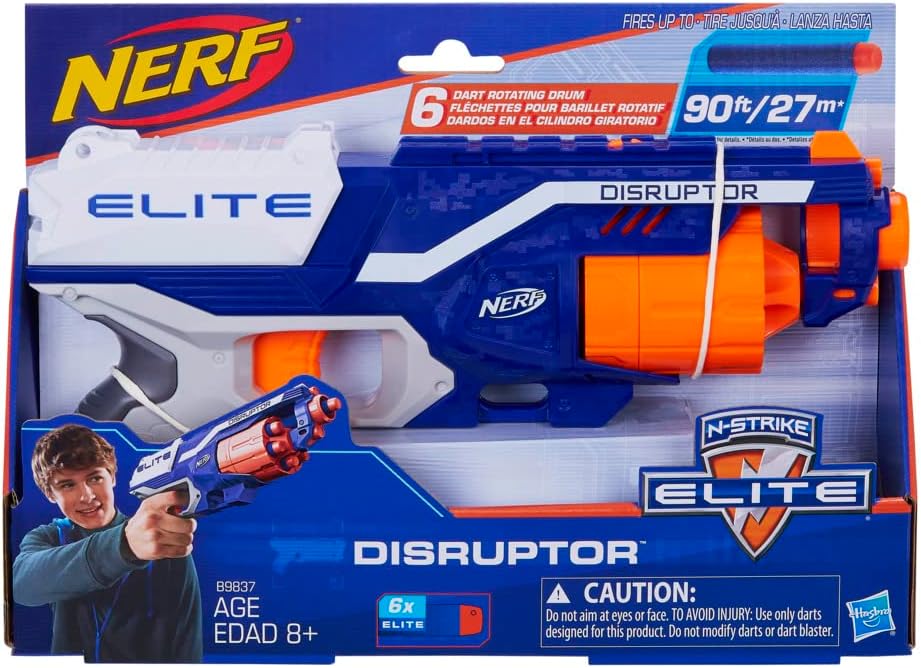 HotNERF Disruptor Elite Blaster - 6-Dart Rotating Drum, Slam Fire, Includes 6 Official Nerf Elite Darts - for Kids, Teens, Adults (Amazon Exclusive)