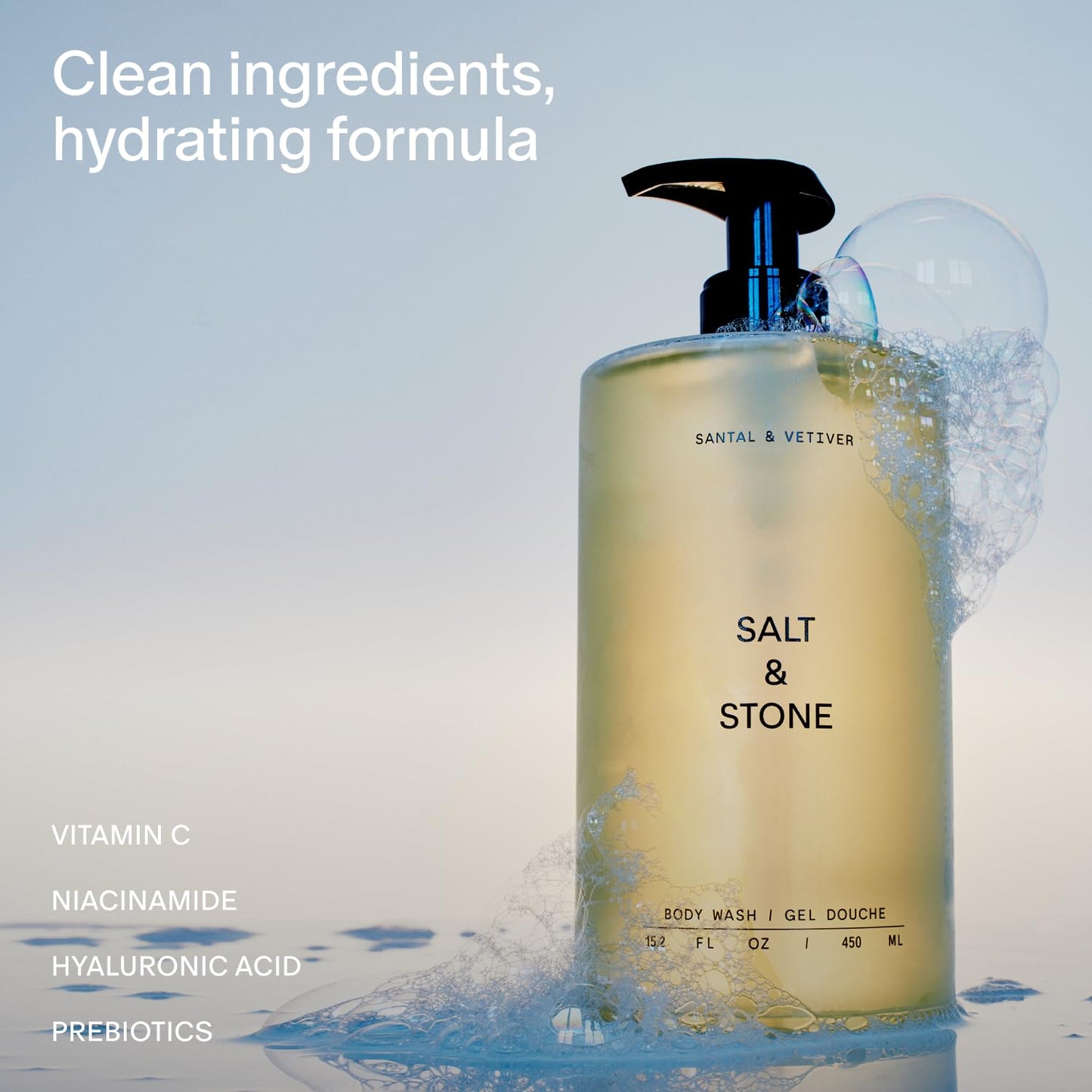 HotSalt & Stone Body Wash for Women & Men, Santal & Vetiver 15.2 fl oz | Shower Gel, Sulfate-Free, Paraben-Free, Dye-Free, Vegan, Hydrating & Moisturizing with Antioxidants, Vitamin C, Niacinamide