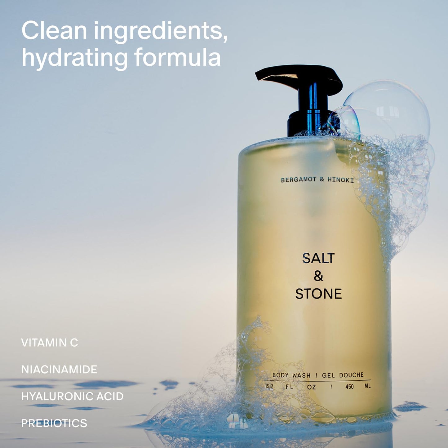 HotSalt & Stone Body Wash for Women & Men, Bergamot & Hinoki 15.2 fl oz | Shower Gel, Sulfate-Free, Paraben-Free, Dye-Free, Vegan, Hydrating & Moisturizing with Antioxidants, Vitamin C, Niacinamide