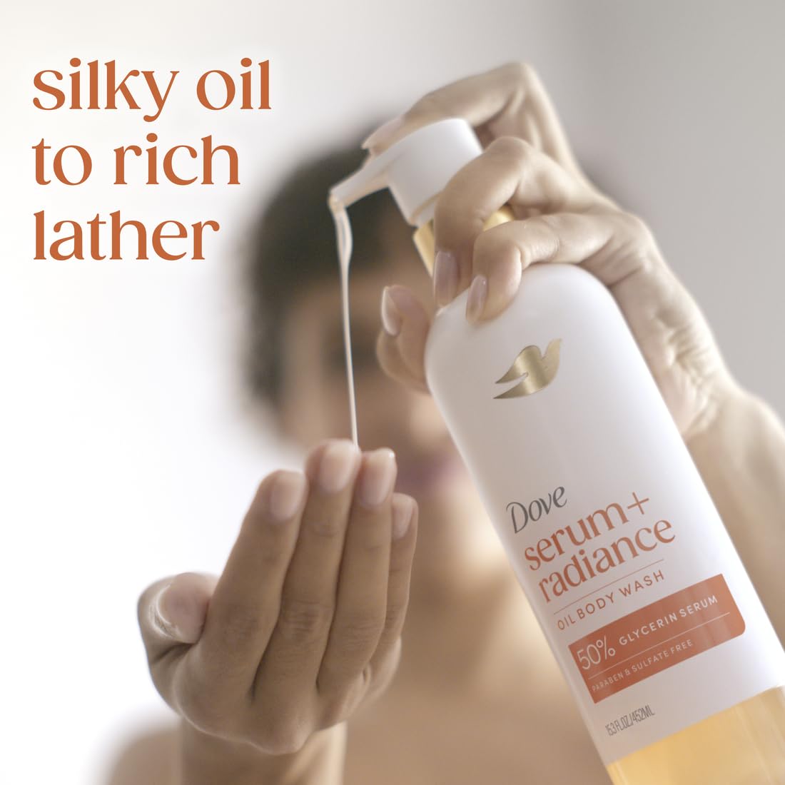 HotDove Serum+ Shower Oil Body Wash Radiance, Jojoba & Monoi Flower, 15.3 fl oz I Hydrating shower oil body wash with glycerin serum for soft, radiant skin without greasy residue.