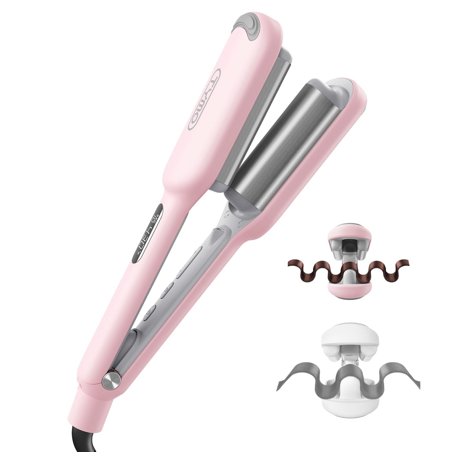 HotCurling Iron Hair Crimper Waver - TYMO ROVY Beach Waves Curling Wand, Ionic Deep Waver Hair Curler Tool with Ceramic 3 Barrel for Women, Dual Voltage, Anti-Scald, Easy to Use, Pink, 1.25 Inch