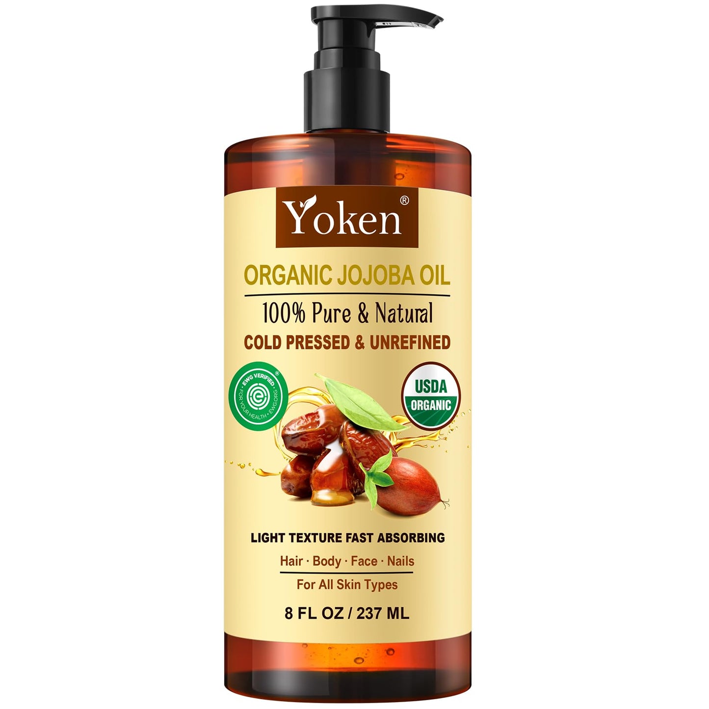 HotYoken Organic Jojoba Oil 16oz, USDA Certified Cold Pressed for Skin Care | Cold Pressed Body Oil Women After Shower Unscented Carrier Massage Moisturizer Hydrating Nourishing Essential Mixing