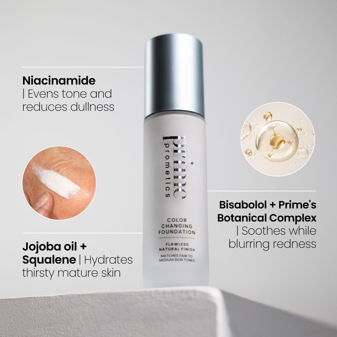 HotPrime Prometics Color Changing Foundation for Mature Women – Instantly Adapts to Your Skin Tone – Buildable Light-to-Medium Coverage – 12-Hour Wear – Natural Dewy Finish – Hypoallergenic