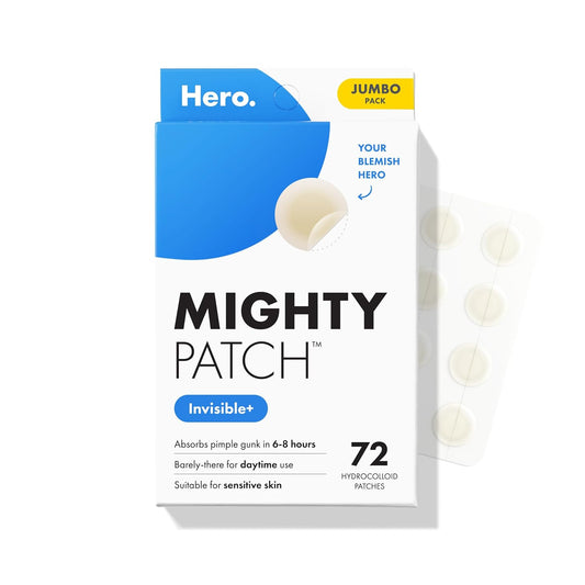 HotHero Cosmetics Mighty Patch Invisible+ Daytime Acne Pimple Patch, 72 Ct | Barely-There Hydrocolloid Patch for Covering Zits and Blemishes, Tapered Edges Designed to Blend Into Skin