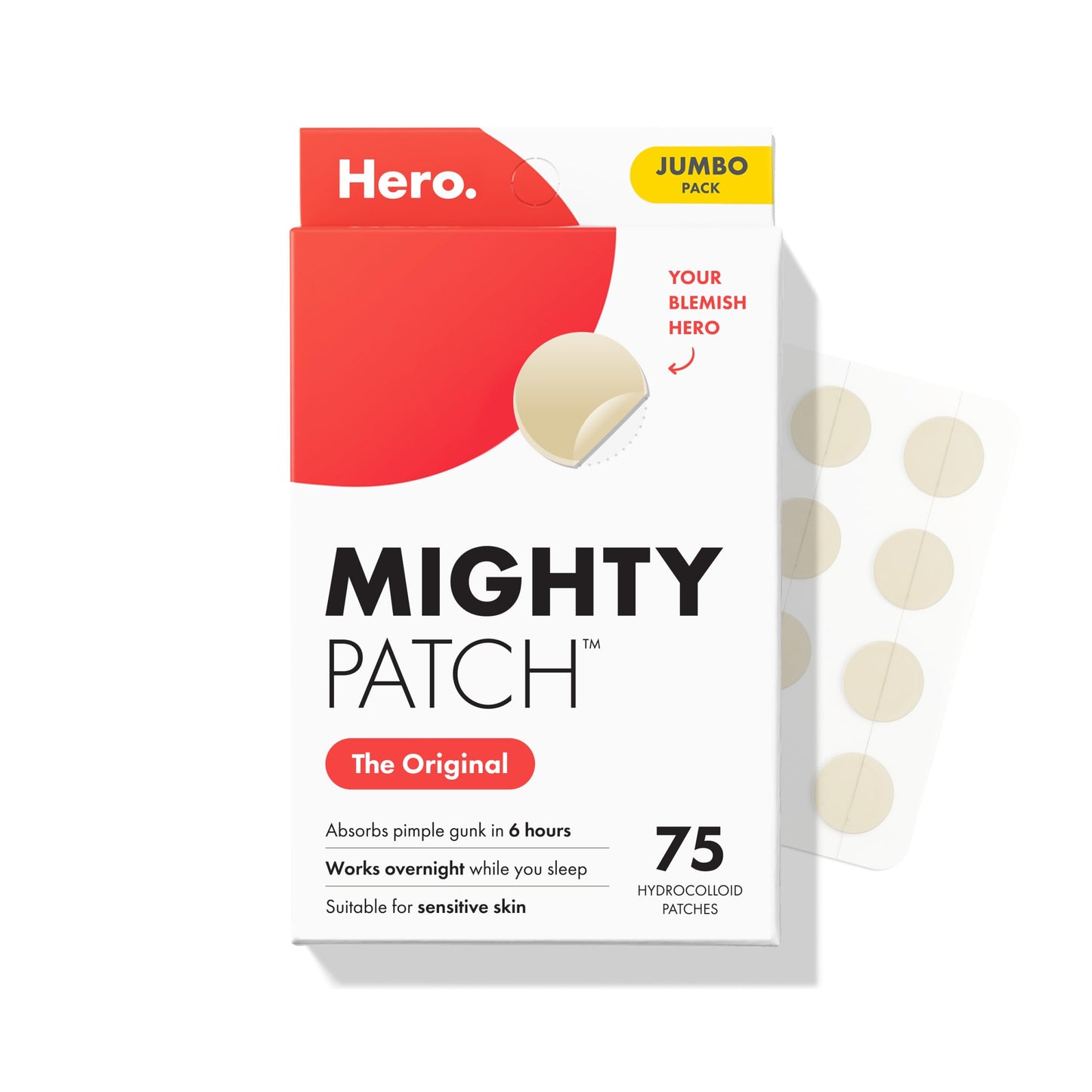 HotHero Cosmetics Mighty Patch Original Nighttime Acne Pimple Patches, 75 Ct | #1 Hydrocolloid Acne Patches, Shrinks Zits & Whiteheads in 1 Use, Spot Treatment Pimple Stickers for Face