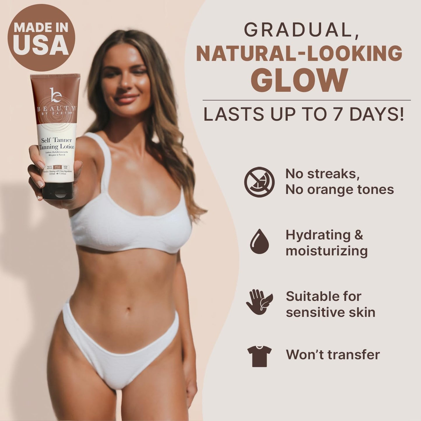 HotBeauty by Earth Self Tanner - USA Made with Natural & Organic Ingredients | Moisturizing Self Tanning Lotion with Aloe Vera & Coconut for a Natural Glow, Streak-Free Fake Tan (Medium)