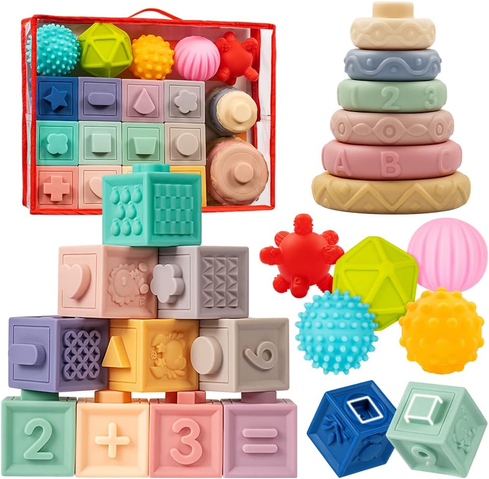 HotJyusmile Baby Toys 6-12 Months, Montessori Toy for Babies 6-12 Months, Incl Stacking Building Blocks & Soft Infant Teething Toys & Sensory Balls for Toddlers 0-3-6-9-12 Month