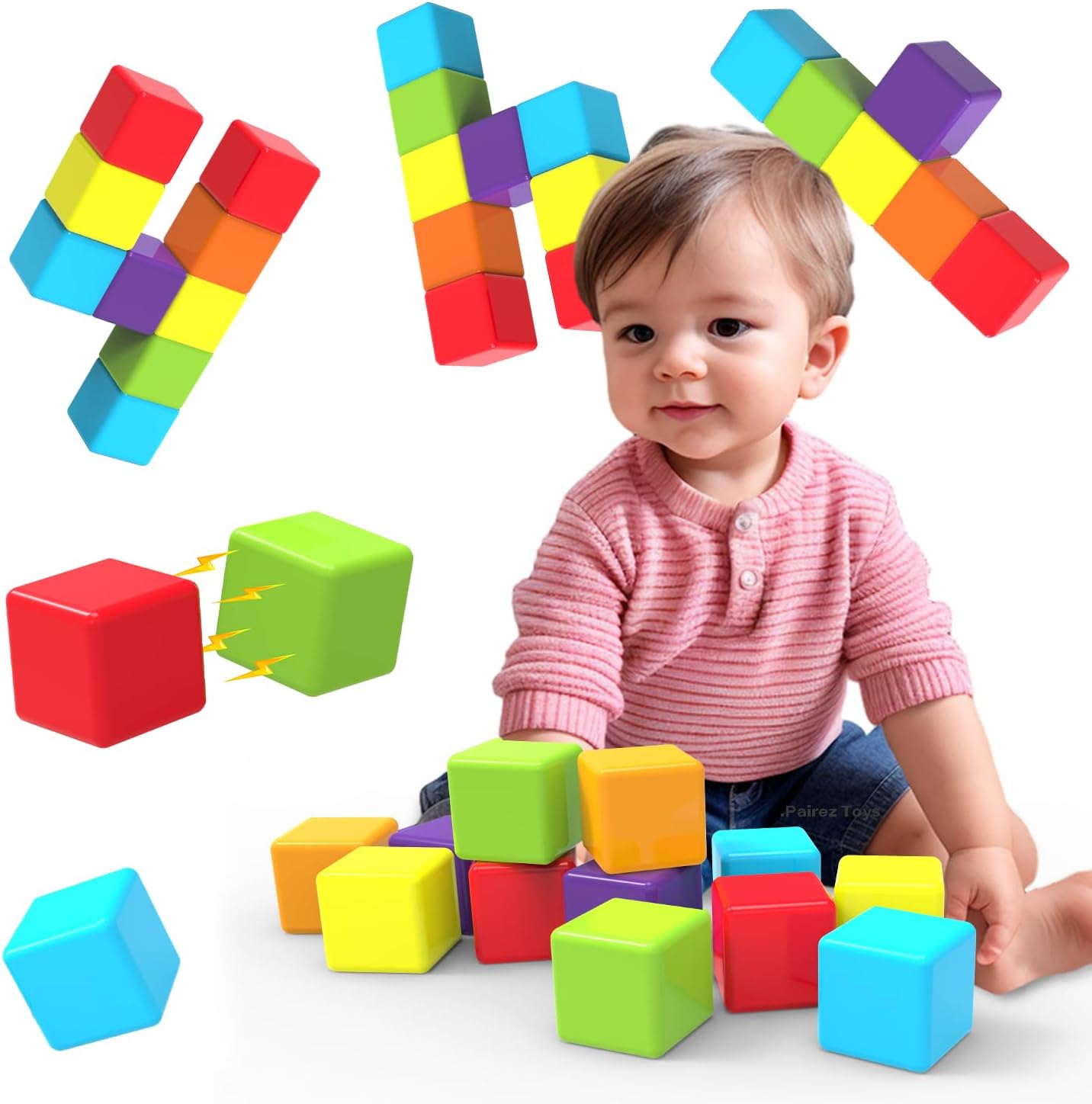 HotMagnetic Building Blocks Large, 1.65 inch Magnetic Stacking Cubes for Toddlers, Sensory & Montessori Toys for Boys & Girls 1 2 3 Years Old (12 PCS)