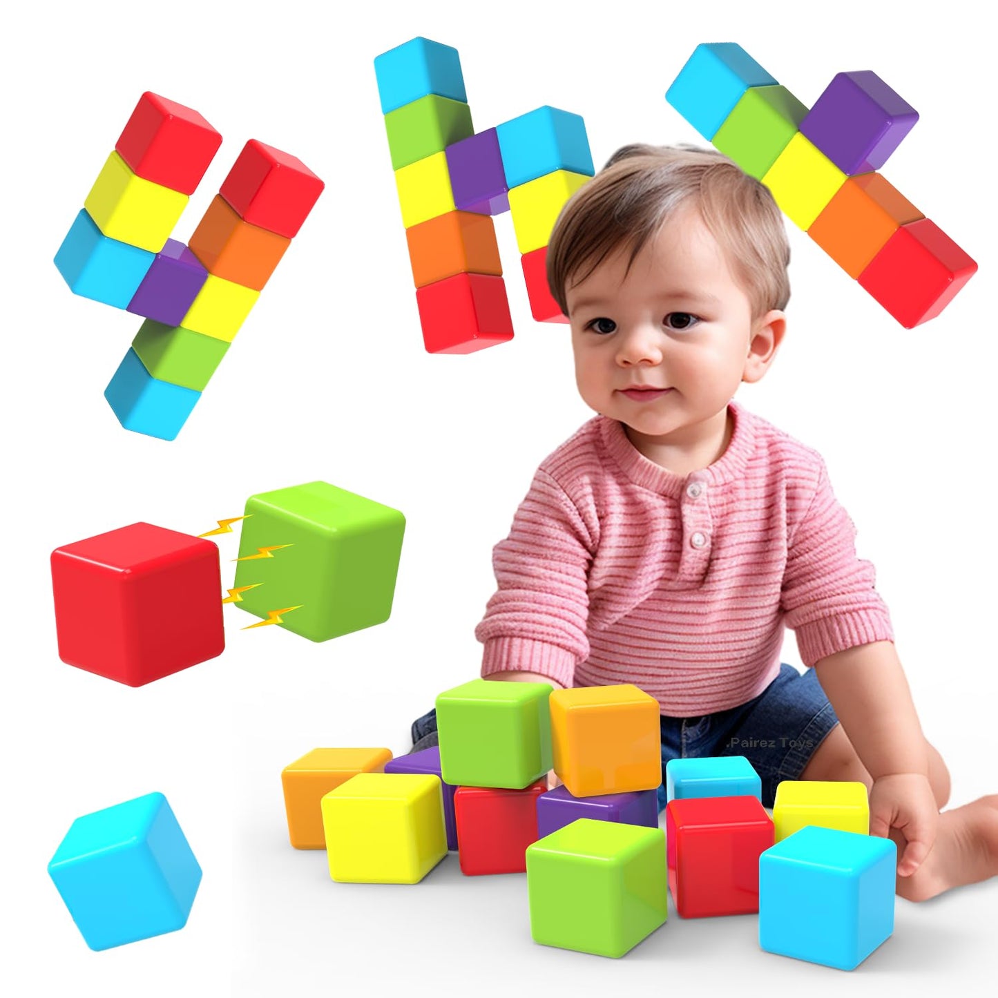 Hot Magnetic Building Blocks, 1.65 inch Large Magnetic Stacking Cubes for Toddlers, Sensory & Montessori Toys for Boys & Girls 1 2 3 Years Old (24 PCS)