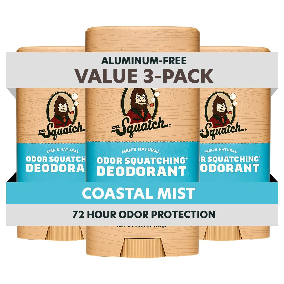 HotDr. Squatch Natural Men’s Deodorant – Aluminum Free Natural Deodorant Men with Charcoal & Postbiotics for 72-Hour Odor Protection – Fresh Falls, 2.65oz Stick (3-Pack)