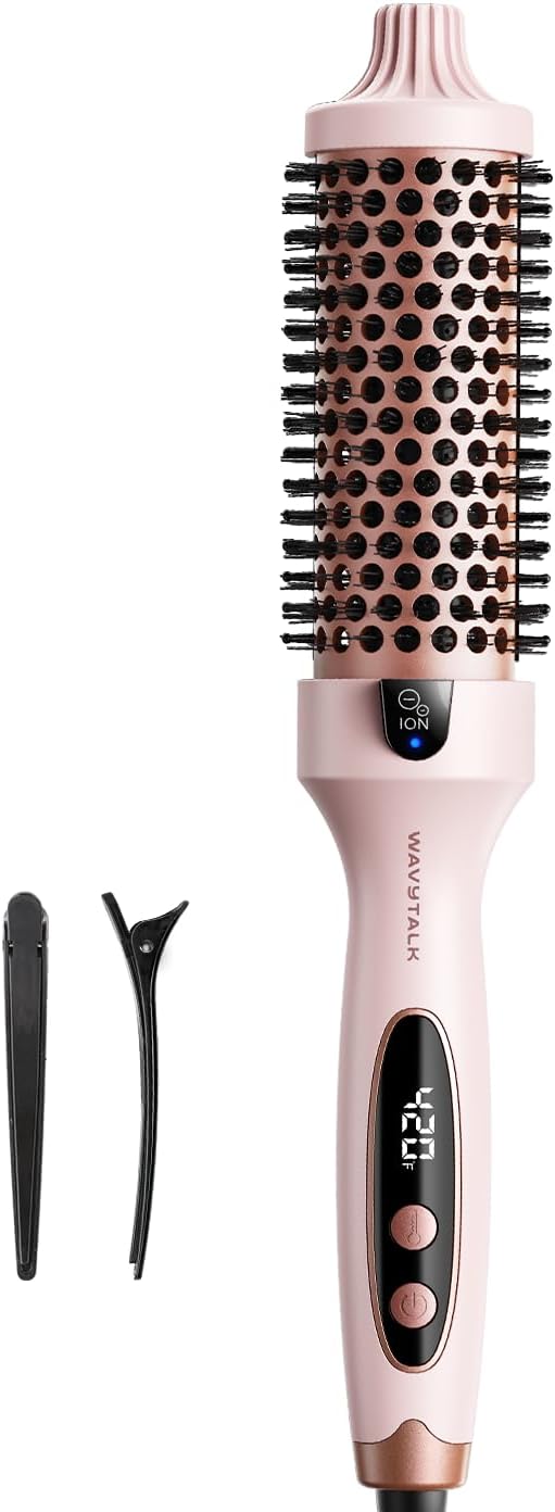 HotWavytalk Thermal Brush Blowout Boost 1.5″ Heat Round Brush for Blowout Look | Negative Ion Technology, Tourmaline Ceramic, 5 Temperature Settings Dual Voltage, Less Damage, Sakura Pink