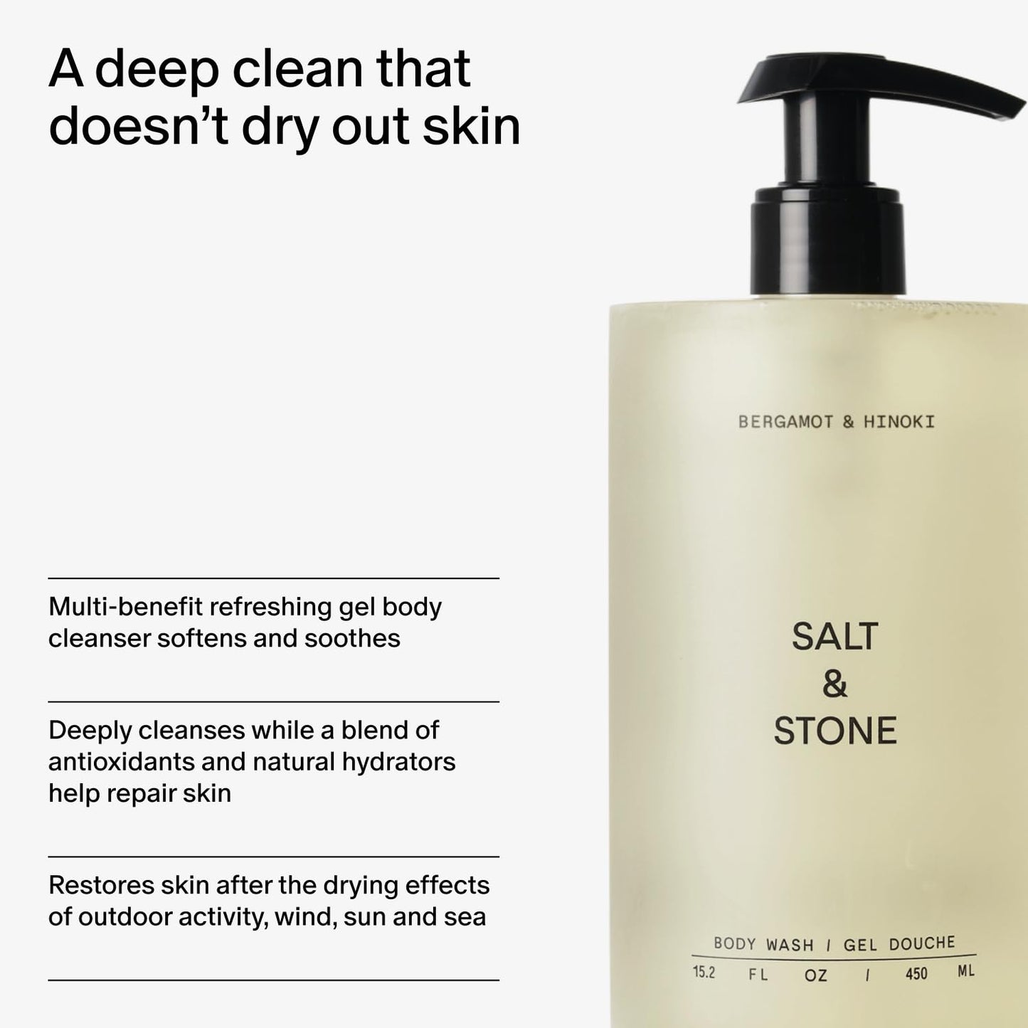 HotSalt & Stone Body Wash for Women & Men, Bergamot & Hinoki 15.2 fl oz | Shower Gel, Sulfate-Free, Paraben-Free, Dye-Free, Vegan, Hydrating & Moisturizing with Antioxidants, Vitamin C, Niacinamide