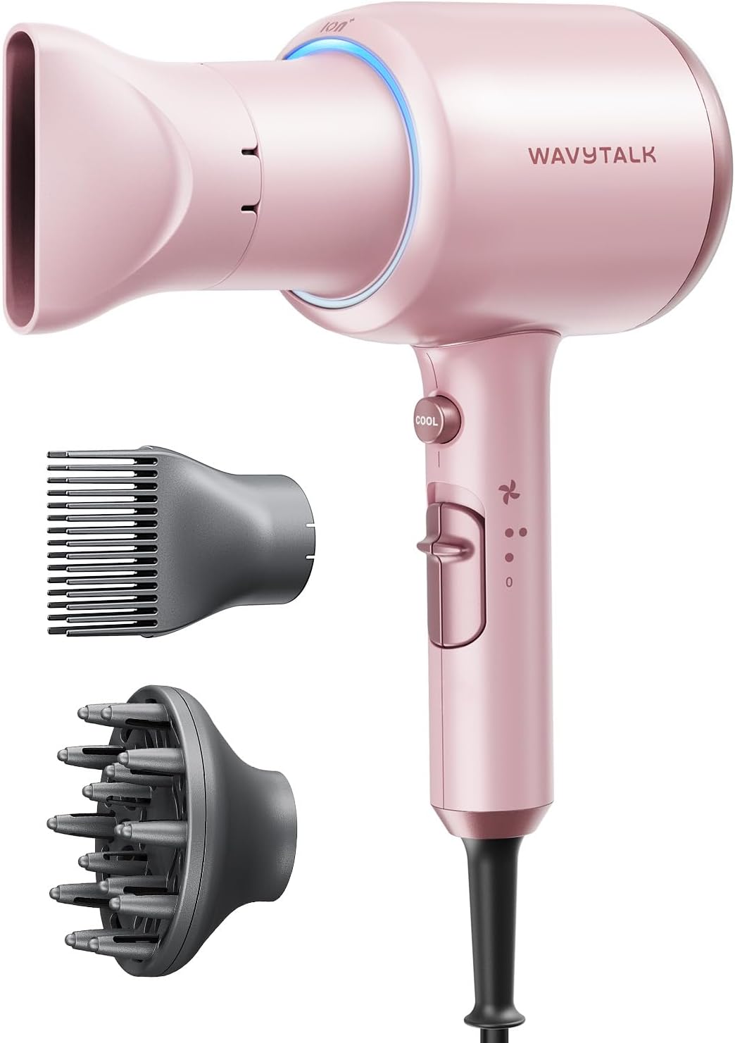 HotWavytalk Blown Away Ionic Hair Dryer with Diffuser for Curly Hair | 1875W Fast Drying, 3 Attachments for All Hair Types, Ceramic Healthy Shine, Lightweight & Quiet (Pink)