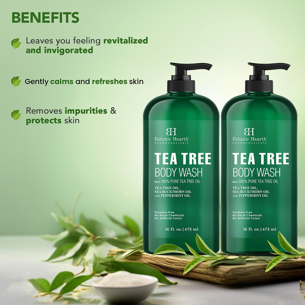 HotBotanic Hearth Tea Tree Body Wash, 16 Fl Oz (473 ml) Pack of 2 | With Tea Tree Oil, Peppermint & Sea Buckthorn | Gently Cleanses, Refreshes & Nourishes Skin | Sulfate & Paraben Free | For Men & Women
