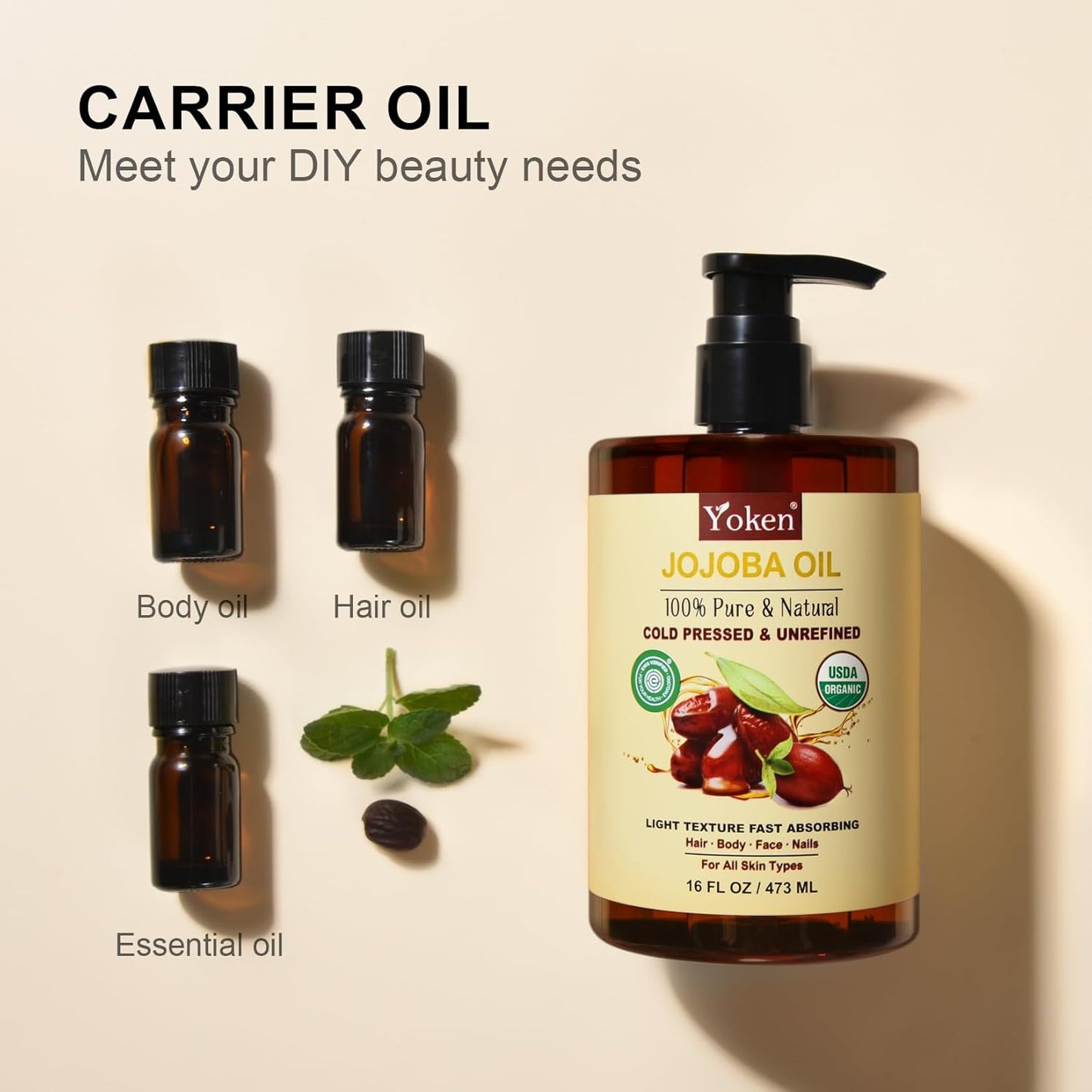 HotYoken Organic Jojoba Oil 16oz, USDA Certified Cold Pressed for Skin Care | Cold Pressed Body Oil Women After Shower Unscented Carrier Massage Moisturizer Hydrating Nourishing Essential Mixing