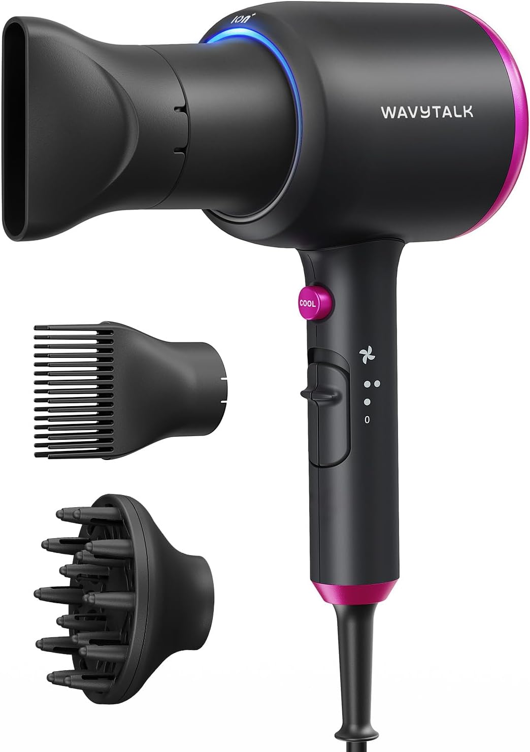 HotWavytalk Hair Dryer with Diffuser, Blown Away Ionic Hair Dryer for Curly Hair with Comb, 1875W Fast Drying Blow Dryer with Ceramic Technology, 3 Attachments for All Hair Types, Light and Quiet, Black