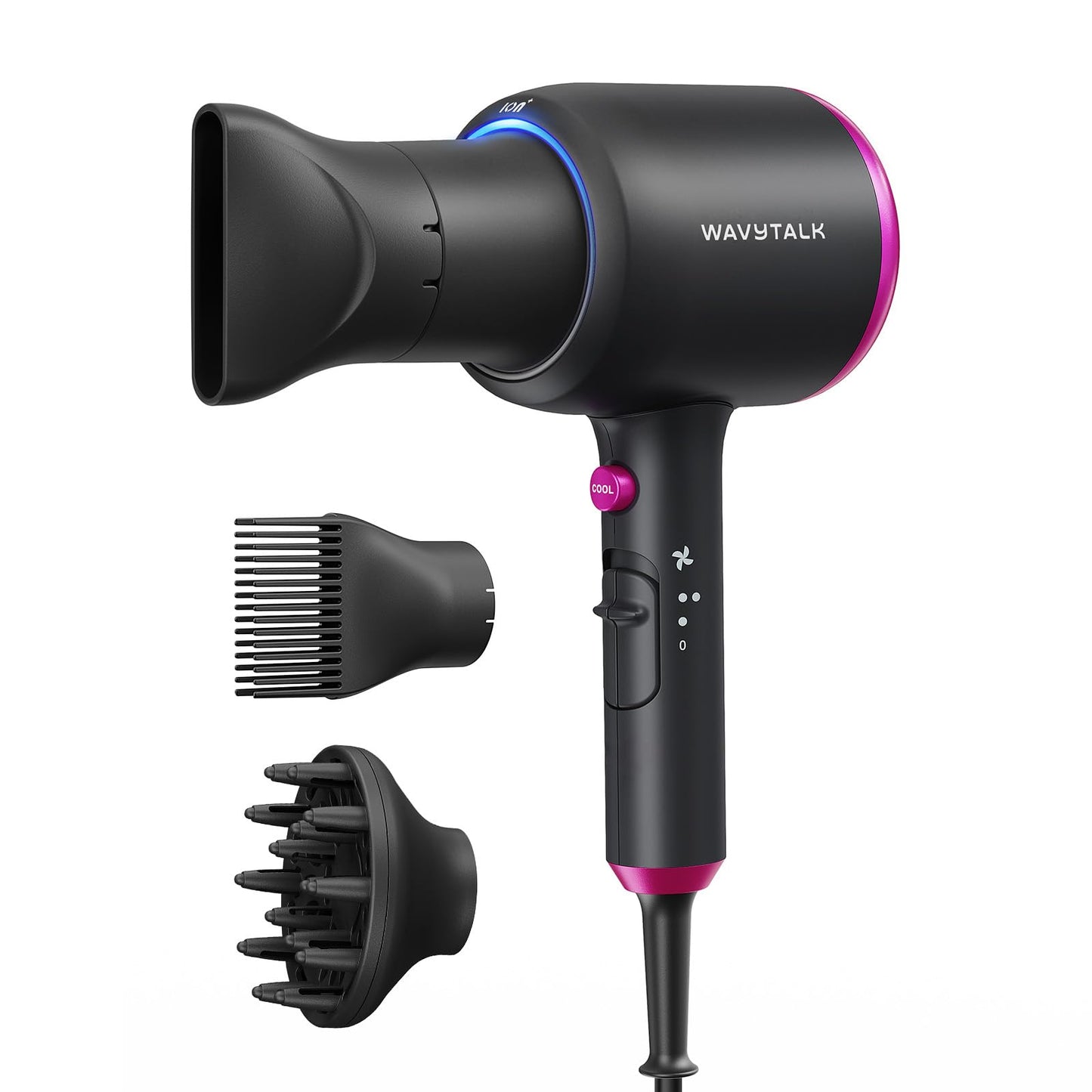 HotWavytalk Blown Away Ionic Hair Dryer with Diffuser for Curly Hair | 1875W Fast Drying, 3 Attachments for All Hair Types, Ceramic Healthy Shine, Lightweight & Quiet (Pink)