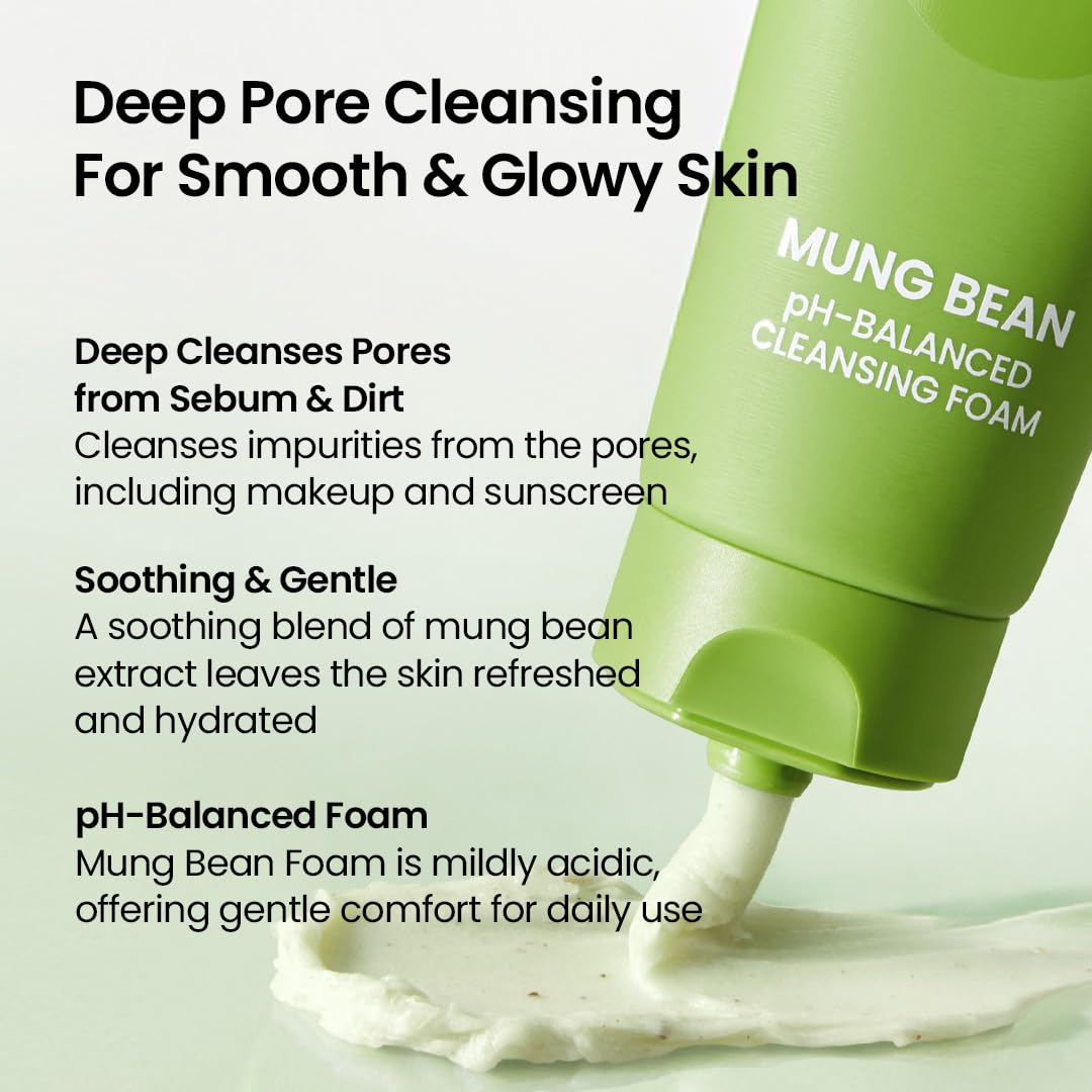Hotbeplain Mung Bean pH-Balanced Cleansing Foam | Daily Hydrating Vegan Cleanser for Sensitive Skin | Non-Stripping Deep Pore Cleanser | Korean Skincare | 5.4 fl.oz
