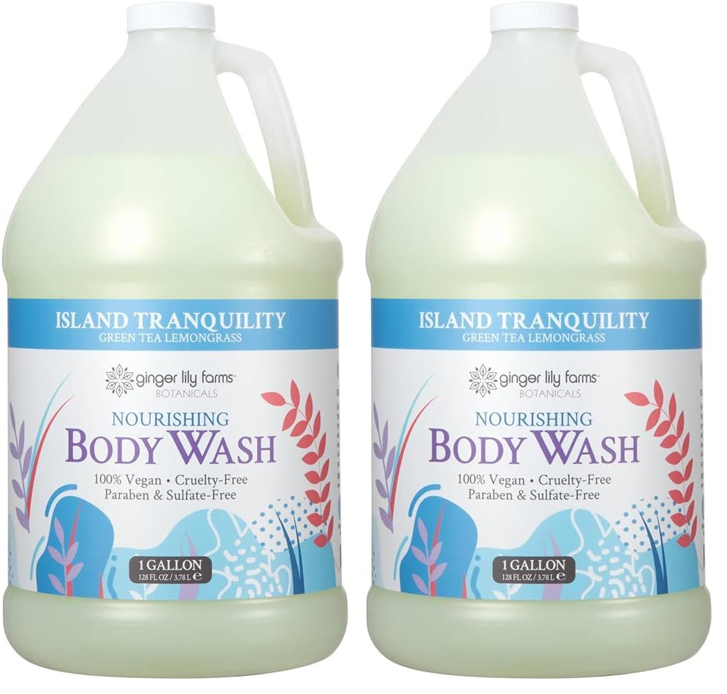 HotGinger Lily Farms Botanicals Nourishing Body Wash, Island Tranquility, 100% Vegan & Cruelty-Free, Green Tea Lemongrass Scent, 1 Gallon Refill (128 fl. oz.)
