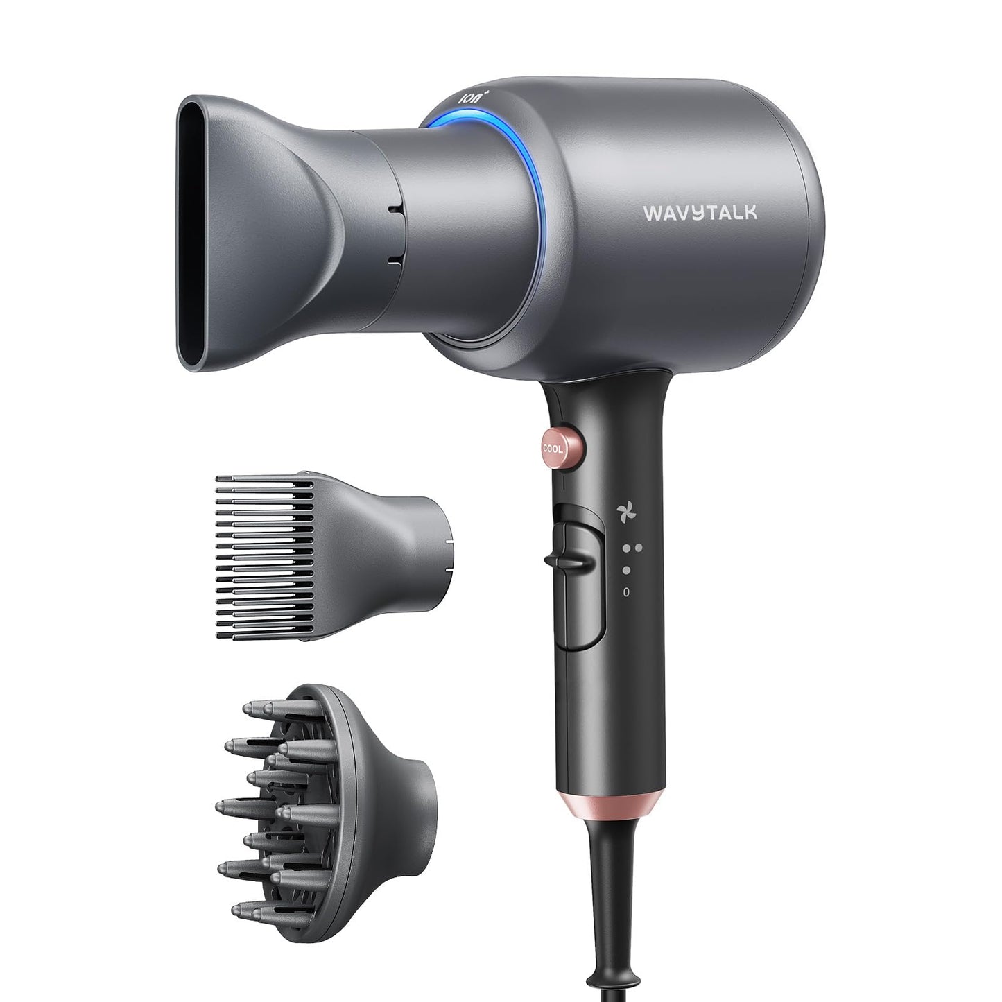 HotWavytalk Hair Dryer, Blown Away Ionic Hair Dryer for Curly Hair with Diffuser, 1875W Fast Drying Blow Dryer with Ceramic Technology, 3 Attachments for All Hair Types, Light and Quiet, Rose Gold