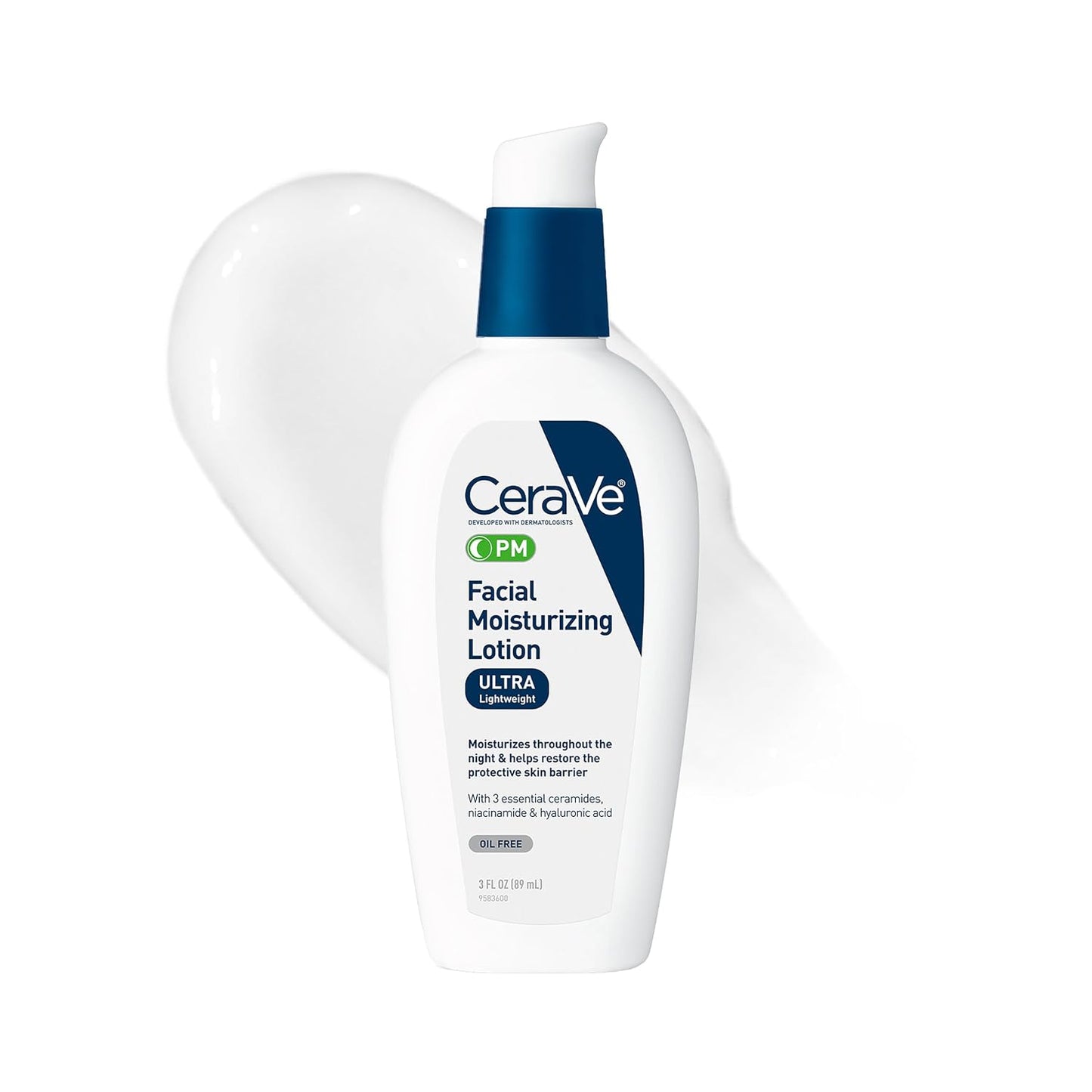 HotCeraVe PM Facial Moisturizing Lotion, Night Cream with Hyaluronic Acid and Niacinamide, Ultra-Lightweight, Oil-Free Moisturizer for Face, 3 Ounce
