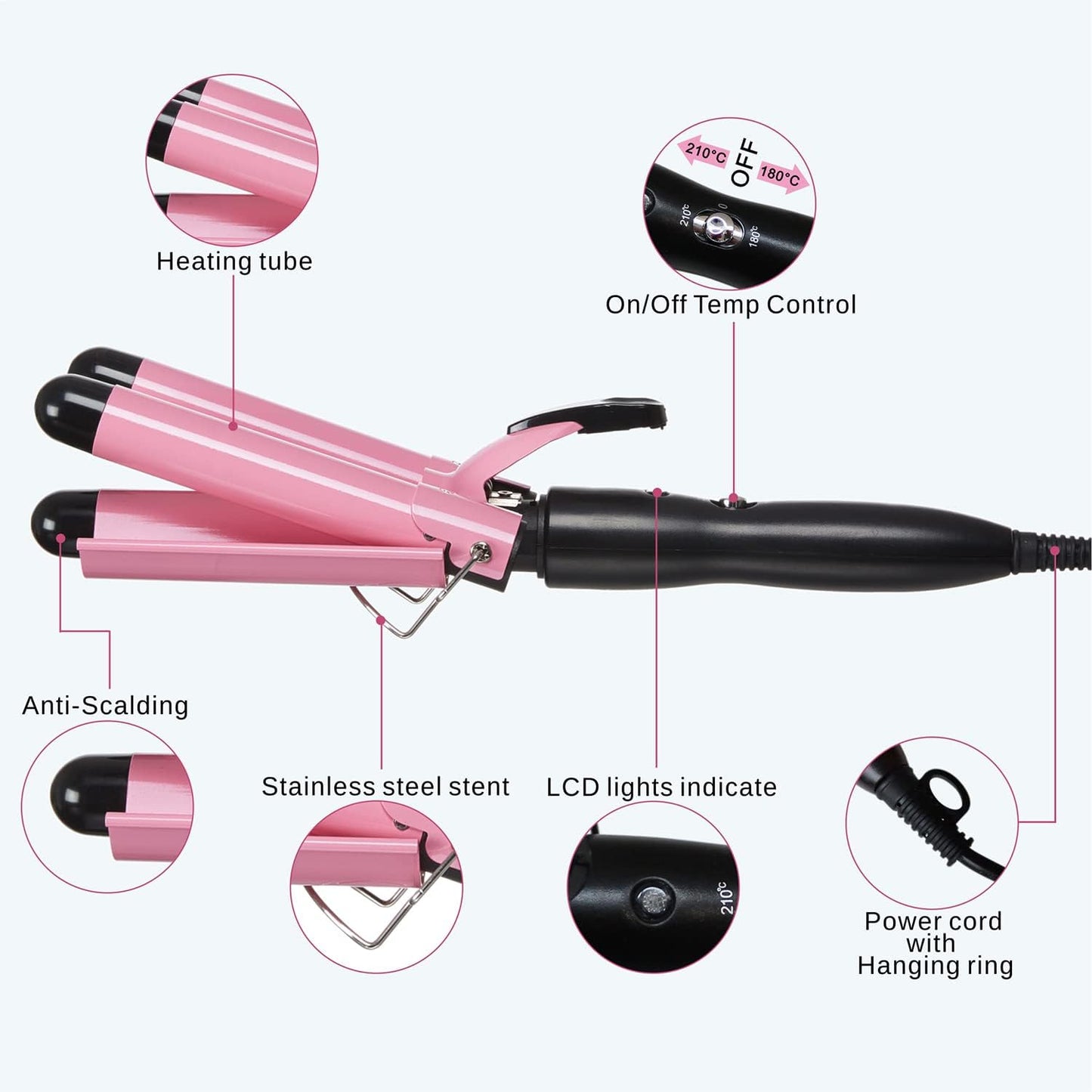 HotTOP4EVER 3 Barrel Curling Iron, 1 inch Crimper Hair Tool,Crimping Waver for Women Beach Waves with Two Temperature Settings, Pink
