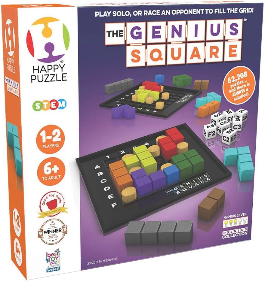Hot The Genius Square from the Happy Puzzle Company | Game of the Year Award Winner | 60000+ Solutions | STEM Puzzle Game for 1-2 Players | Ages 6 - Adult | Roll the dice and Race to Fill the Grid!